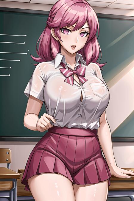 (Masterpiece:1.2), (best quality:1.2), intricate details, ultra detailed, 1girl, pink hair, pink eyes, school uniform, classroom, <lora:RelonStyleMix-v1.0:0.8>