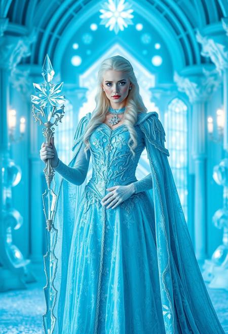 A regal ice queen with platinum-blonde hair stands in a grand palace made entirely of ice. Her icy blue gown is decorated with intricate snowflake patterns, and her skin seems to shimmer with frost. She holds a scepter made of ice, and her cold, piercing gaze reflects the frozen beauty of her surroundings.