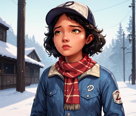 (score_9, score_8_up, score_7_up, score_6_up), clementine, telltale-style, twd, 1girl, hat, solo, dark skin, dark-skinned female, contour lines