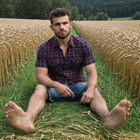 a cinematic photo of handsome man sitting  on field wheat, footpose,solo in summer flannel shirt,nicely posed, rural life,  foot focus,body symmetry, nature landscape at farm house, barefoot, male soles  <lora:footpose-11v_sdxl_lora-000028:1>