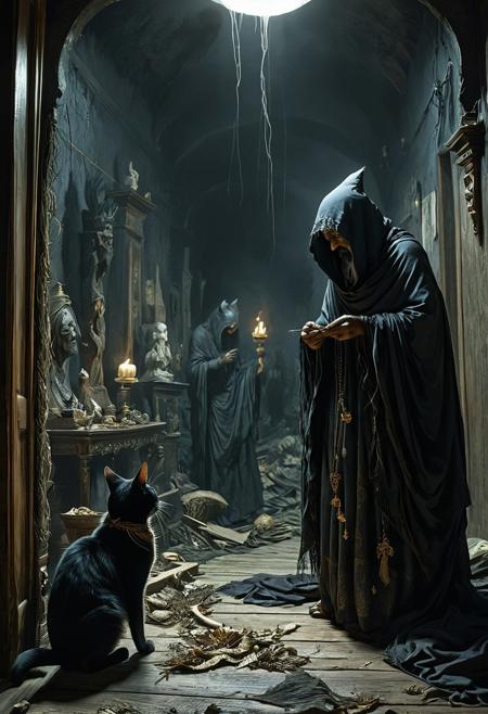 Present an ancient, frightening Indian figure gnawing on a cat, dressed in a sinister black robe, as they create an aura of terror. The witch's ghastly attire and the chilling atmosphere surrounding them only serve to heighten the sense of unease and fear, drawing the viewer into the heart of darkness. The macabre scene is a testament to the art of creating a spine-chilling atmosphere through the careful use of imagery and lighting.