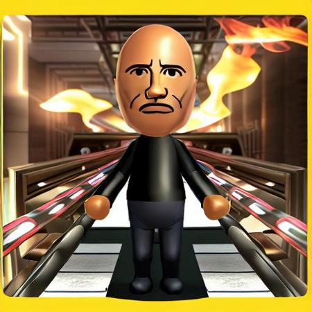 <lora:v1.5-Mii_Style-1.1-512-f16-no_ema:1> (Nintendo mii:1), modern_mii, (th3r0ck:1), 1boy, black <lora:TheRockV3:1.1>