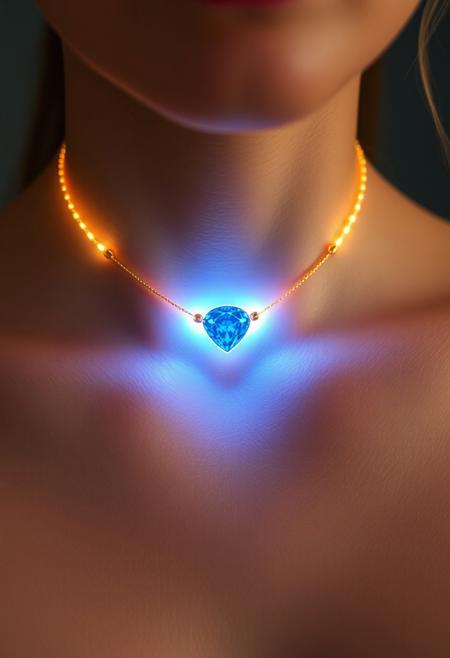 subdermal implanted LED necklace, glowing light beneath the skin, (embedded LEDs:1.7) forming the shape of a gold necklace under the skin, soft golden glow radiating from beneath the surface, (subdermal sapphire glow:1.6) at the center of the necklace, light shining through skin as if it were a gemstone, sapphire-like LED at the core, seamlessly integrated subdermal jewelry, high-definition, (natural skin tone:1.5), soft golden LED accents tracing the neck, glowing blue light from the center, ultra-realistic textures, natural skin with light emanating from within, elegant yet futuristic under-skin jewelry, (futuristic elegance:1.5), glowing sapphire effect from beneath the skin, high-resolution, (delicate light diffusion:1.4), modern beauty tech, advanced subdermal implant technology