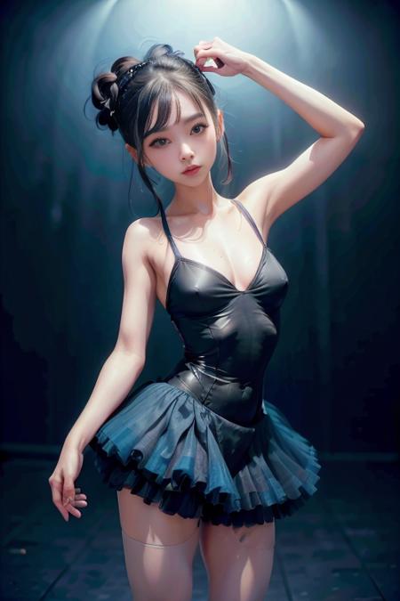 a ballet dancer (in a ballet pose:1.3), in a theater, wearing black ballet dress with blue tutu,
good hand,4k, high-res, masterpiece, best quality, head:1.3,((Hasselblad photography)), finely detailed skin, sharp focus, (cinematic lighting),  soft lighting, dynamic angle, [:(detailed face:1.2):0.2], medium breasts,<lora:sung02:1>, <lora:ballet_dance:0.5>