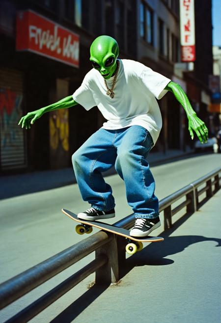 a y2k style photograph of an alien with green skin wearing hiphop style clothing with baggy blue jeans and a white tshirt skateboarding through a city street. The alien is rideing the skateboard along a metal railing as the alien balances on the board with his arms streached out beside him. The shot is taken with a y2k photography style with a sistortion effect. The alien is grinding along the railing, the skateboard is on top of the railing.