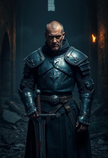 A full-body portrait of a Dark Knight standing in a dark, ruined medieval city. The knight is positioned in the center of the scene, wearing battered armor that shows signs of wear and tear, with scratches and bloodstains from previous battles. His sword, dripping with fresh blood, is held firmly at his side. The background features crumbling stone buildings and debris, creating an atmosphere of desolation. Dim torchlight flickers from the walls, casting haunting shadows that dance around him. The knight's weary face is marked by several scars and a fresh wound, from which blood trickles down his chin. His tired yet determined expression conveys the weight of his experiences, making for a striking and dramatic image in this atmospheric, dark setting.