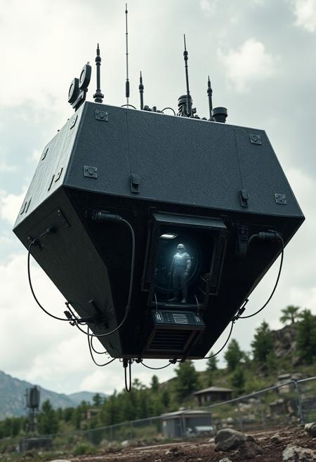 ultra high resolution, masterpiece, best quality, small featureless angular glossy black spacecraft with a heavily textured surface hovering low to the ground, underneath the spacecraft are cables hoses and wires, antennas on top, cables hanging from below, rectangular in shape, futuristic world, post apocalyptic landscape, anti gravity, in the atmosphere, sky, clouds, ground visible, hovering,  green trees and hills, rocky outcroppings, small buildings, chain link fence, small open entrance ramp at the lower edge of spacecraft, soldier in dark armored spacesuit debarking from a brightly backlit entrance,