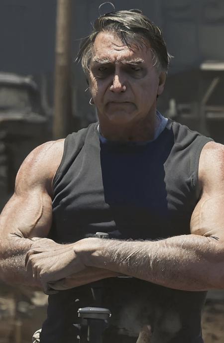 photograph of a big, strong, man, tanktop, biceps, bolsonaro, (veiny), post apocalyptic, fallout