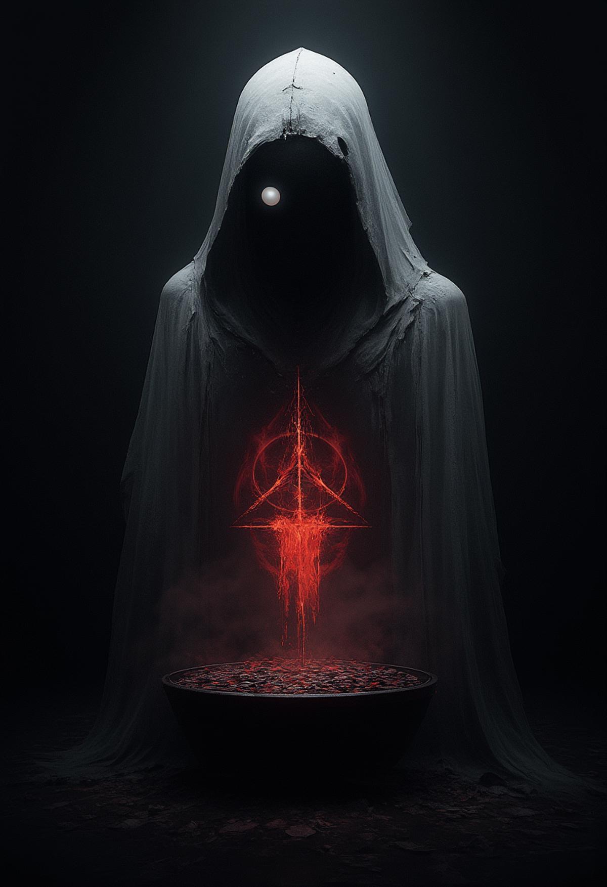 hud_m4x_4bstr4ct_styl, abstract,   darkly colored digital artwork of a strange human creature in a torn cloak  and hazy white eyes conjuring a dead BBQ grill,  dark eerie living room, glowing  pentagram, unholy mass,  <lora:absmaxflux:.1> <lora: - Flux1 - vanta_black_V1.0:1>