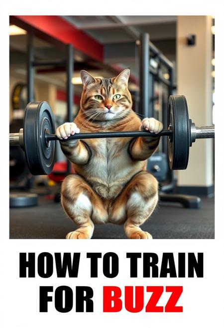muscular cat doing squats with loaded iron bar with heavy plates. in a gym.  At the bottom of the image, bold lettering spells out 'HOW TO TRAIN FOR BUZZ'
