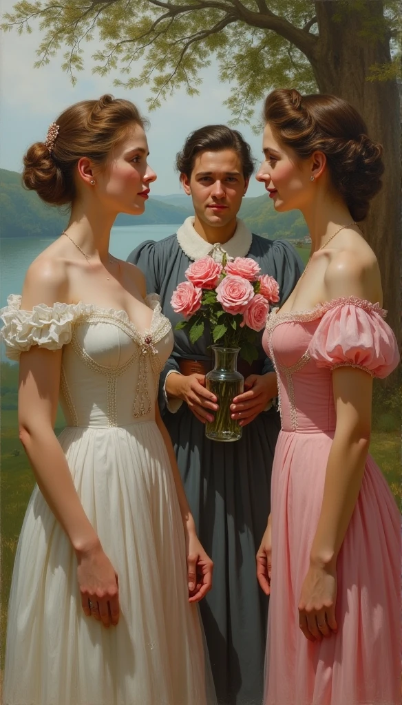 A realistic oil painting of a noblewoman and her friend conversing, while a servant stands behind them holding a glass bottle filled with roses. The intricate details of the women's elegant dresses and the servant's attire are reminiscent of John Singer Sargent's portraits. The use of diffuse lighting adds to the realism and depth of the painting. In the background, we see a beautiful landscape inspired by Thomas Moran's landscapes. This painting captures a moment in time with lifelike precision, making it an impressive piece for any art collection.