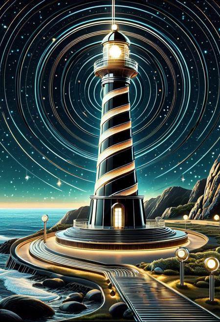 RetroBG, retro-futuristic cosmic lighthouse, glowing spiral beacon, gravitational rings, chrome and glass tower, sci-fi coastal landscape, 1970s curved design, starry sky background, ambient lighting, majestic and serene, high detail, cinematic quality, starlight, nebulas, glowing glass, curved metal panels