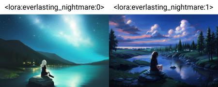 <lora:everlasting_nightmare:0>, night, digital art, a girl sits on a rock, landscape background, (at night:1.2)