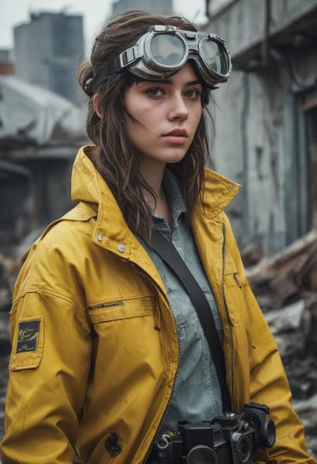 there is a woman with goggles on her head and a yellow jacket, ultra-realistic digital art, hyperrealistic digital art, hyperrealistic digital painting, ultra realistic digital painting, post apocalyptic outfit, cyberpunk, dirty