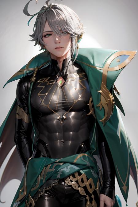 masterpiece, best quality,alhaitham\(genshin impact\), male focus, 1boy, bulge, tentacles on male, solo, tentacles, ahoge, shirt, green cape, hair over one eye, bangs, restrained,  (grey background:1.4),(kbxll:0.6)