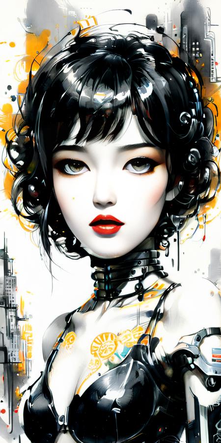 portrait of a cybernetic robot, pulp art inspired by Margaret Brundage and Rolf Armstrong, completed in a Chinese ink painting style (Xieyi), loose brush strokes and slight hints of color on an otherwise black and white image, evocative eyes look down on the viewer, dynamic pose in front of a gray metropolis city from Fritz Lang, use of negative space and sketchy lines,  ink art, <lora:InkArtXL_1.2:1>, <lora:xl_shuimo-000012:.8>,  <lora:xl_more_art-full_v1:1>