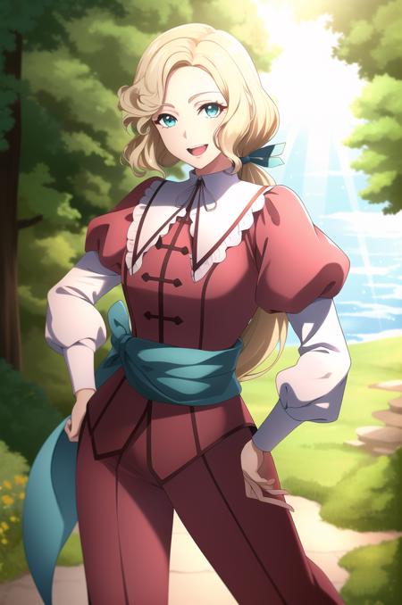 (masterpiece), high quality, (detailed background), 1girl,
<lora:CastlevaniaMaria-v1-07:0.6>, ChopioMaria, blonde hair, long hair, wavy hair, blue eyes, eyelashes, (looking at viewer:1.3),
shiny hair,
green hair ribbon, low ponytail, very long hair,
outfit_1, pink dress, white collar, pilgrim collar, white ribbon, frills, puffy sleeves, juliet sleeves, green sash, pink pants, layered pants,
outdoors, forest, sunny, light rays, lens flare, depth of field, bokeh,
standing, smile, open mouth,