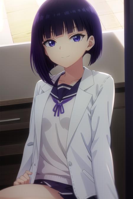 inarisakihira, <lora:inari sakihira s1-lora-nochekaiser:1>,
inari sakihira, short hair, (purple eyes:1.1), purple hair, smile,
BREAK skirt, school uniform, serafuku, labcoat,
BREAK indoors, classroom,
BREAK looking at viewer,
BREAK <lyco:GoodHands-beta2:1>, (masterpiece:1.2), best quality, high resolution, unity 8k wallpaper, (illustration:0.8), (beautiful detailed eyes:1.6), extremely detailed face, perfect lighting, extremely detailed CG, (perfect hands, perfect anatomy),