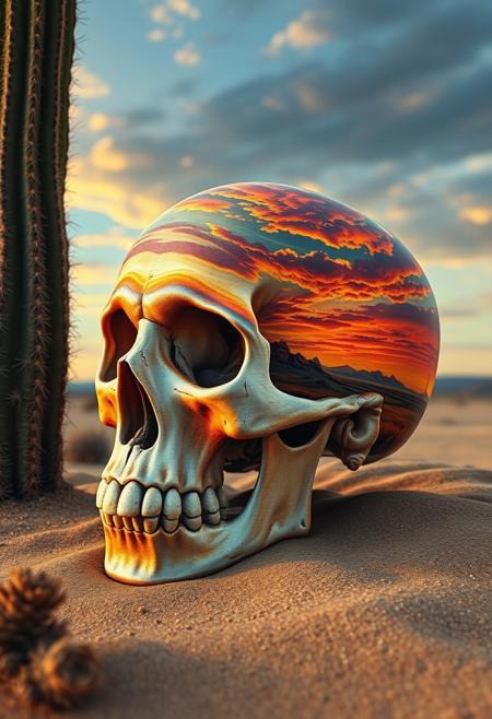 A human skull sits on the desert ground next to a cactus, its surface transformed into a canvas of vivid, western-themed art, tells the story of the sunset. The painting, rendered in exquisite detail, features the vast, sweeping expanse of the American West. Every brushstroke is meticulously captured, from the delicate, swirling patterns of the clouds to the tiny, shimmering sparkles on the sand. The overall effect is one of haunting, surreal beauty, as if the very essence of the American frontier has been distilled into this transformed skull, turning something once macabre into a masterpiece of western art. highest-Quality, intricate details, visually stunning, Masterpiece