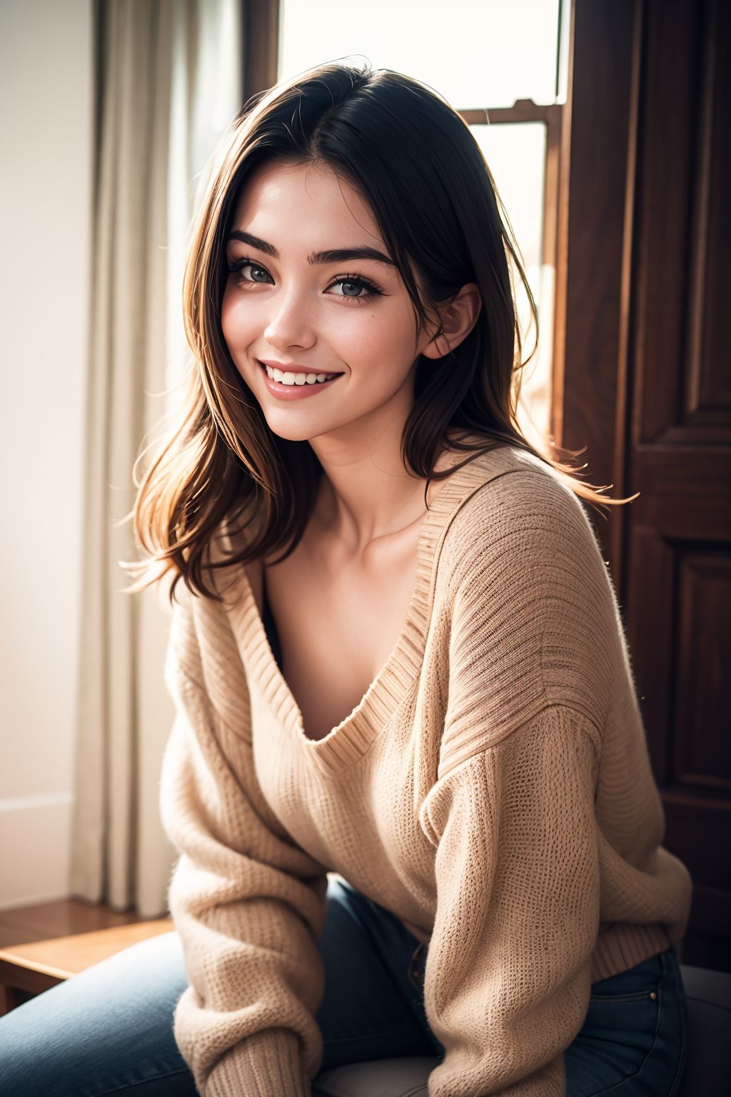hyperrealistic photo of an edgy pinterest woman, 20 years old, wearing an oversized sweater, happy, dimples, natural look,...