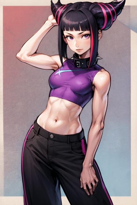 1girl, solo, juri han, asymmetrical hair, black hair, diagonal bangs, hair horns, medium hair, multicolored hair, purple eyes, pink hair, two-tone hair, black collar, chinese clothes, collar, crop top, navel, spiked collar, spikes, pants, baggy pants, looking at viewer, cowboy shot,simple background, <lora:Kinu Nishimura:0.8>,  <lora:Juri Han:0.6>