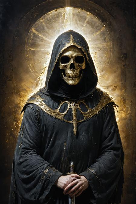 Grim Reaper, portrait, mystic halo, hood, swordÐ±
in nicola samori style, (white theme:0.6), backlighting, gold, (warm:1.2),
 <lora:NicolaSamori:0.9> <lora:xl_more_art-full_v1:0.6>, (best quality, high resolution, extreme detail, outstanding composition, masterpiece:1.4),