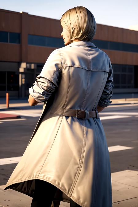 solo, 1girl, short hair, realisitc, photorealistic, belt , sleeves rolled up, jewelry, brown hair, blonde hair, brown eyes, coat, white dress <lora:silversadle-09:0.7>,  from behind, looking back,