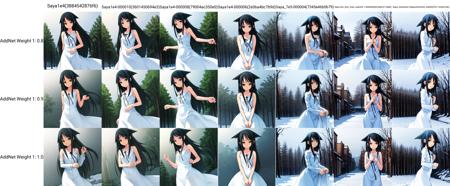 solo, Saya, black hair, green eyes, long hair, hair flaps, sundress, white dress, black ribbon, snowing, outdoors, outdoors, town, looking at viewer, light smile, cowboy shot