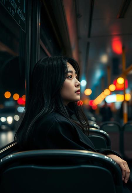 Realistic photography, Canon 8k, 88mm, night, bus, woman sitting by the window, 19 years old, Korean, black long hair, black turtleneck, coat, looking out the window with cold eyes in the rain, sitting in a chair, leaning back in the chair, arms on the seat, hands on the chair, out of focus crowd, night view of a city, warm lights highlighted, lights in the bus are fluorescent and only visible in the background, out of focus,