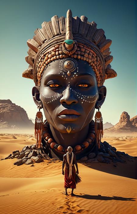 Wide angle by justin gerard and andree wallin,a sumptuous fantasy,epic tribal nomadic group of people for celebration in desert caravan,monument,ancient dusty rock giant statue with macabre alien african tribal face,by Alexander Jansson,by Martin Stranka,by Camille d'errico,highly detailed,vibrant,production cinematic render,perfect composition,beautiful intricate insanely detailed octane render trending on artstation,8k,artistic,concept art,vivid color,volumetric lighting,detailed facial features,dynamic,award-winning,8k,masterpiece,highly detailed,astonishing,polished,majestic,very pretty,elegant,heavenly,delightful,spectacular,splendid,breathtaking,radiant,dreamy,dreamlike,very refined,captivating,dust particles,Mysterious