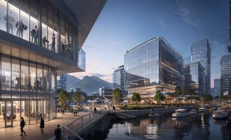 Swing out coffee table and parasol, light from inside the building, waterfront, Mountain, water surface, square, event venue, industrial style, Koolhaas, Glass curtain wall, Metal plate, conceptual style, cyberpunk style, night view, 8K, high detail, accurate structure, movie light effect