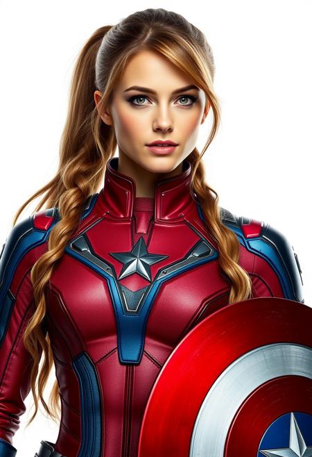 close view, extraordinarily pretty woman dressed as Captain America, powered futuristic outfit, red and blue suit, ponytail, holding  round shield, swept bangs, white background, simple background