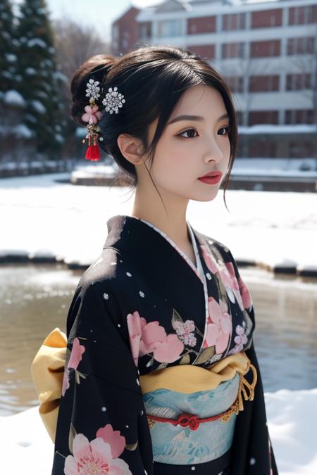 ultra-detailed,highly detailed,best quality,masterpiece,illustration,realistic,
1girl,  solo, upper body, 
kimono,japanese clothes,obi, sash, floral print, traditional media, obijime, 
hair ornament, hair flower, single hair bun, short hair, hair up,eyelashes, 
snow,snowing, flower, winter, wind,dark,snowstorm, 
painting \(medium\),
 <lora:kimono_v1_03:0.7>