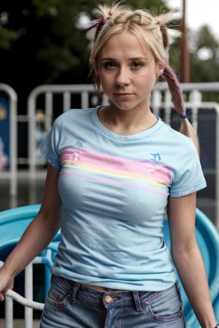 jeans, Pastel Blue tshirt in a playground,  <lora:Sarah_Jane_Honeywell:1> masterpiece,best quality, detailed face, 1girl, solo, sj1873h, blonde_hair, pony tail