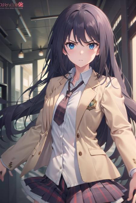 senaaoi, <lora:senaaoitest:1>,
sena aoi, long hair, blue eyes, black hair, slanted eyes, narrows, angry,
BREAK skirt, school uniform, jacket, necktie, plaid, plaid skirt, blazer, (brown blazer:1.2), (brown jacket:1.2),
BREAK looking at viewer,
BREAK indoors, classroom,
BREAK <lora:GoodHands-vanilla:1>, (masterpiece:1.2), best quality, high resolution, unity 8k wallpaper, (illustration:0.8), (beautiful detailed eyes:1.6), extremely detailed face, perfect lighting, extremely detailed CG, (perfect hands, perfect anatomy),