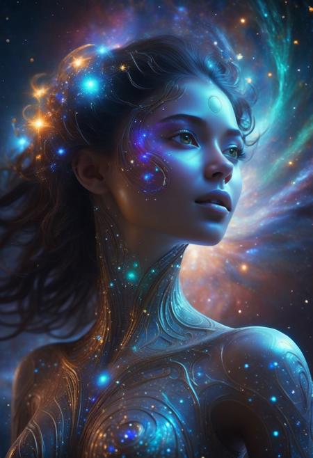 a close-up shot of an ethereal star woman with eyes body and face glowing like galaxies, surrounded by swirling, vibrant cosmic colors, vibrant star planet,  ultra-detailed and photorealistic rendering, soft ambient lighting, starry nebulae in the background, dynamic and radiant color gradients, glowing reflections, cinematic composition, surreal and otherworldly atmosphere, intricate facial features, flowing hair infused with cosmic energy, luminous and ethereal, celestial radiance, soft yet detailed textures, otherworldly beauty