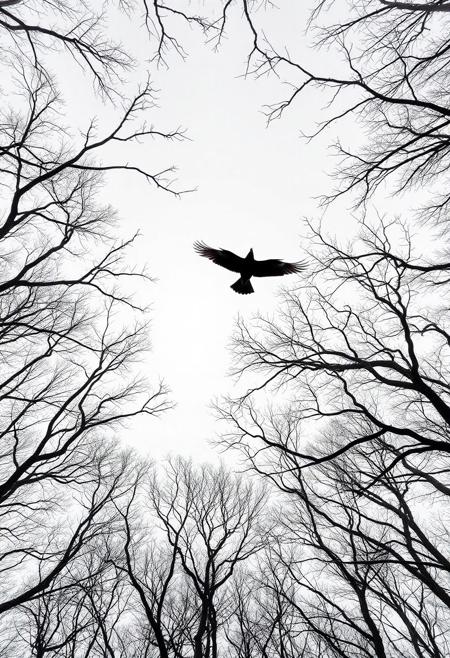 This image presents a unique blend of nature's raw beauty and complex mathematical expressions. A solitary bird, captured mid-flight, dominates the frame, silhouetted against a softly lit, overcast sky. Its wings are outstretched, suggesting purposeful movement through the air. Below the bird, a dense canopy of trees, devoid of leaves, stretches across the landscape, creating an intricate pattern of branches that reach towards the center. The perspective is unusual, looking directly up through the intertwined limbs, emphasizing the bird's solitary journey.