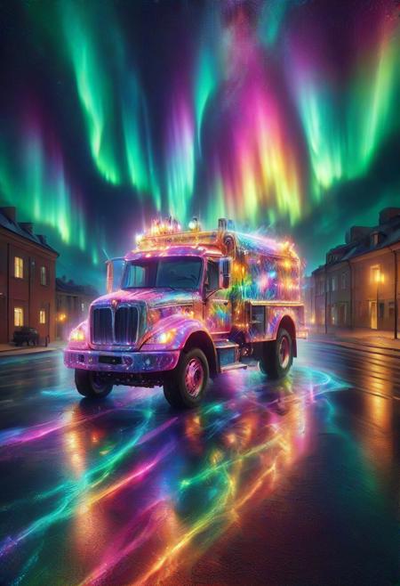 score_9, score_8_up, score_8, Masterpiece, High Details, HD, 8K, Photorealistic, perfect, High Quality,. Aurora lights,  A realistic , funny fantasy image, a sprinkler truck, a sprinkler truck painted in rainbow colors, spraying rainbow-colored water on a city street. ,looking at viewer zzCitronLegacy, morph-aurora, bird's-eye view, UltraHD