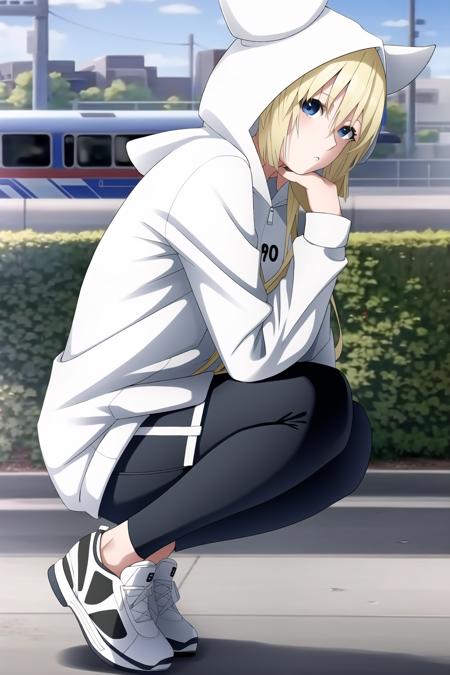 1girl, konjihen, kon, hoodie, leggings, hood, blonde hair, blue eyes, sneakers, fence, railway, train, city