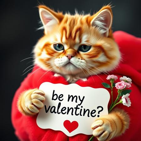 a beautiful plush cat with a serious and upset face in a giant red heart costume with a sign "be my valentine?" and holding some flowers