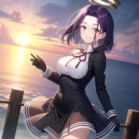 ((masterpiece)),(best quality),official art,extremely detailed CG,unity 8k wallpaper,ultra detailed,A lighthouse on a cliff by the sea,1girl,solo,cowboy shot,mechanical_halo,purple_hair,short_hair,purple_eyes,smile,school_uniform,dress,black_gloves,shoes,medium_breasts,<lora:Tatsuta(kan)>,