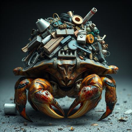 A front view of a giant hermit crab on top of its shell is an hapazard piled assortment of items including metal junk, plastic junk, and textile junk, the back of the hermit crab has pile of garbage full of metal items and refuse. The hermit crab has a dynamic pose and looks ready to fight the viewer