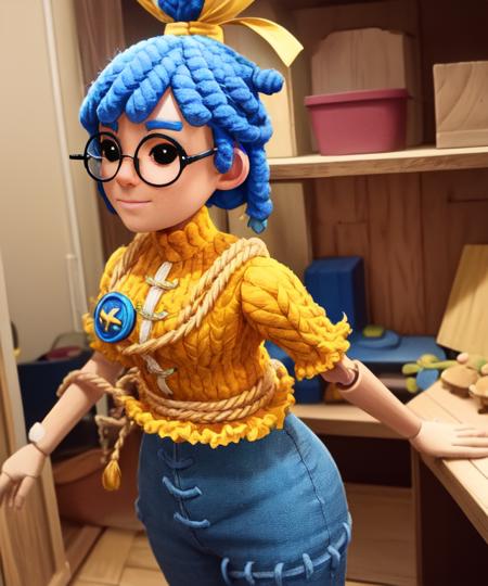 May, blue hair,dreadlocks, hair bun,  black eyes, glasses, wooden joints,    standing, upper body, smiling,  solo, 
ClYarn, yellow shirt,  blue pants with stiches, yellow hair ribbon, short sleeves, large blue button, 
toy room,  large room, shrunked body, 
(insanely detailed, beautiful detailed face, masterpiece, best quality),  <lora:May-10:0.7>