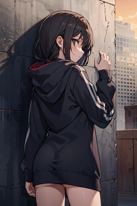 (masterpiece), best quality, high resolution, extremely detailed, detailed background, cinematic lighting, 1girl, against wall, from behind, hood down, long sleeves, sleeves past wrists, looking away, looking to the side, hand on wall,