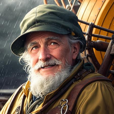 a realistic(photo :1.2) portrait of a 1900s maine lobster fisherman in his 60's wearing yellow rain gear holding onto the ship's wheel in a storm. Eyebrows raised laughing. Medium up close shot., art by smoose2