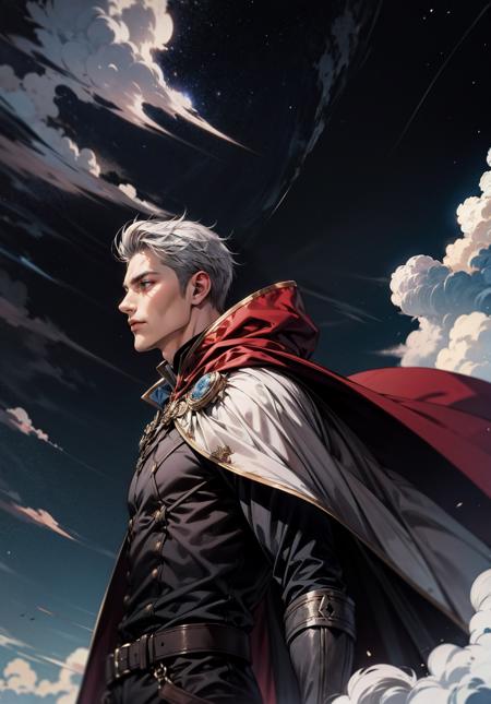 solo, 1boy, grey hair, male focus, sky, cloud, cape, night, cloudy sky