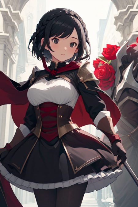 ANMRxSummer, 1girl, solo, short hair, frilled skirt, black hair, black gloves, black dress, shoulder armor, braid, pantyhose, frills, fingerless gloves, black cape, armor, black eyes, breastplate, medium breasts, crimson rose (symbol) 