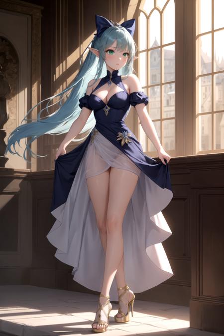 ((masterpiece, high resolution, best quality:1.4, breathtaking, ultra detailed)), 1girl, blue hair, very long hair, cinderella dress, green eyes, elf ears, hair bow, ((open toe heels)), standing, focus feet, <lora:feetmasterlorav1.2:0.2>, [castle:8]