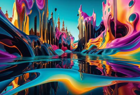 Hyperrealistic vibrant digital art. Dynamic, Surreal, Dalí-inspired dreamscape of a melting, abstract city, distorted objects and eerie, shimmering light