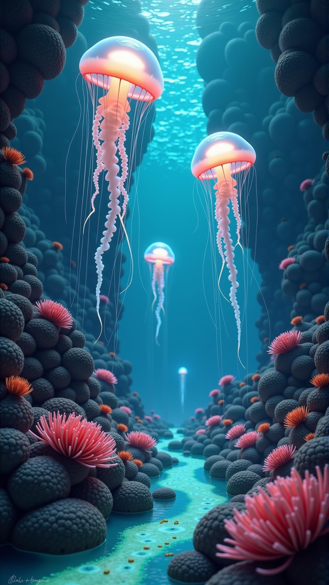 A dreamlike underwater landscape where the ocean floor is made of glowing coral, each branch pulsing softly with vibrant colors. Massive, translucent jellyfish drift lazily through the water, their long, glowing tendrils trailing behind them like beams of light. The water is crystal clear, allowing you to see for miles in every direction, where enormous, glowing sea creatures move slowly through the depths. Above, the surface of the water reflects the glowing coral below, creating an infinite mirror of light and color. In the distance, massive, glowing ruins rise from the ocean floor, their surfaces covered in glowing algae and bioluminescent plants.